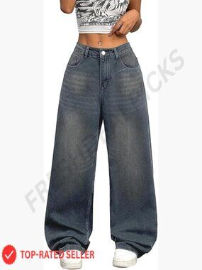 Wide Leg Denim Jeans Baggy Loose Fit Y2K Vintage Streetwear High Rise